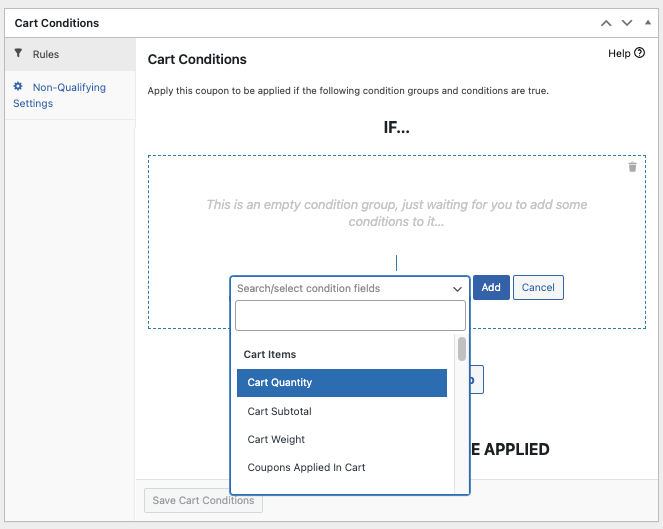 Setting up Advanced Coupons' cart conditions feature